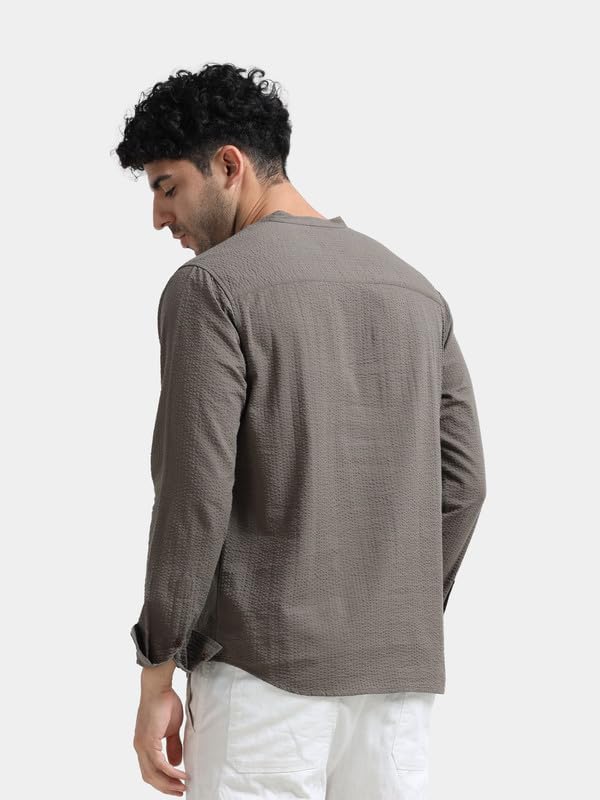 Image of StitchX Men's Seersucker Band Collar Pure Cotton Striped Kurta Shirt-S-2XL