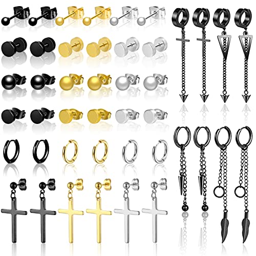 Mckanti 22 Pairs Earrings - Black Stainless Steel Hoop, Cross, Dangle Earrings - Hypoallergenic Men's & Women's Christmas Gifts