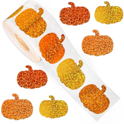 500Pcs Halloween Fall Thanksgiving Pumpkin Stickers Roll 1in Glitter Pumpkin Paper Decal 3 Orange Sparkly Sparkly Autumn Self-Adhesive Decorative Stickers for Party Supplies Envelope Journal Decor