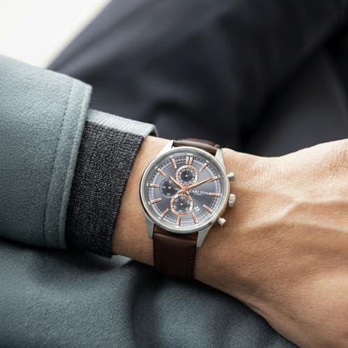 Image of Carlton London Windsor Men Analog Watch, Round Dial, Leather Strap, Quartz Movement, 43 mm Case, Slim Design, Lightweight Comfort, 30M Water Resistant, Casual Formal Wear