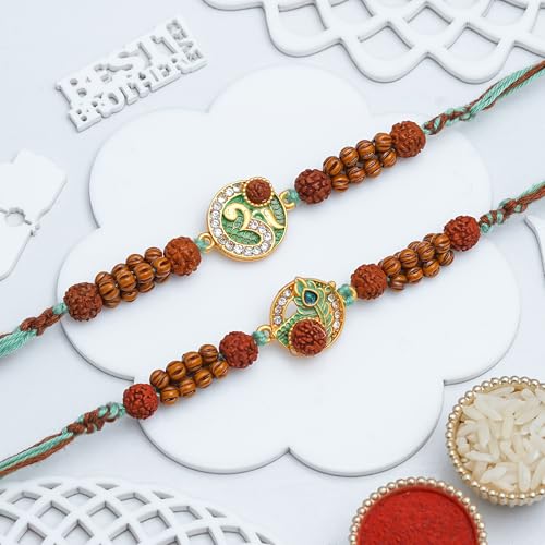 Image of eCraftIndia Om Peacock Feather Rudraksha Rakhi Set of 2 | Rakhi for Brother Bhaiya Bhai with Best Bro Ever Fridge Magnet | Roli Chawal Pack