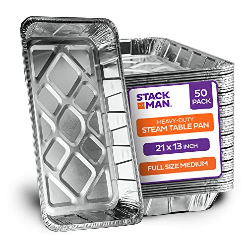 Aluminum Foil Pans - 21x13 Full-Size Medium 50-Pack Heavy-Duty Steam Table Pan - Disposable Roasting Pan - Premium Catering Pan - Tin Foil - Ideal for Roasting Cooking Baking Heating Food Prep