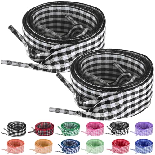UamGlsob 2 Pairs 25mm Gingham Ribbon Shoelaces Wide Checkered Plaid Shoe Strings Cute Replacement Laces for Women Sneakers (Black 54/140cm)