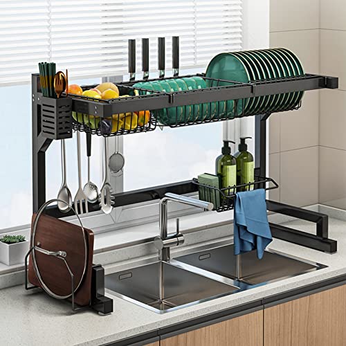 Escurreplatos negro para platos sobre el fregadero, escurridor vertical de acero inoxidable (65 cm)