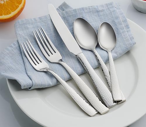 Image of Hudson Essentials 20-Piece Hammered 18 /10 Stainless Steel Flatware Silverware Set, Service for 4 (20-Piece Set)