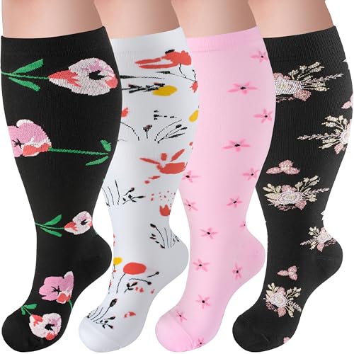 Image of 4 Pairs Plus Size Compression Socks,Extra Wide Calf 20-30 mmHg Knee High Compression Socks for Men Women Circulation