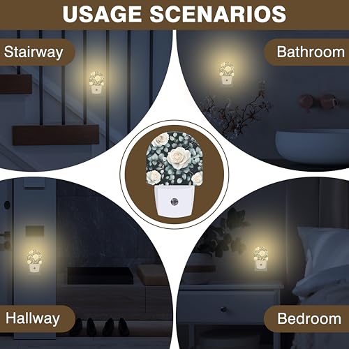 Image of Night Light, Vintage White Rose Flower Night Lights Plug into Wall Dusk to Dawn Sensor Round Nightlight for Women Men Energy Efficient Led Lamp 0.5W for Stairway Hallway Bedroom