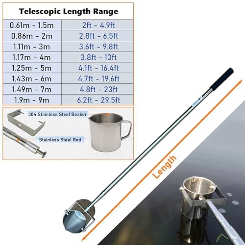 Kit professionale per campionamento dell'acqua, asta telescopica in acciaio inossidabile 304 (0,6-9 m), per test ambientali/di laboratorio in fiumi, laghi e rifiuti da 500 ml, 1,49 m-7 m, con