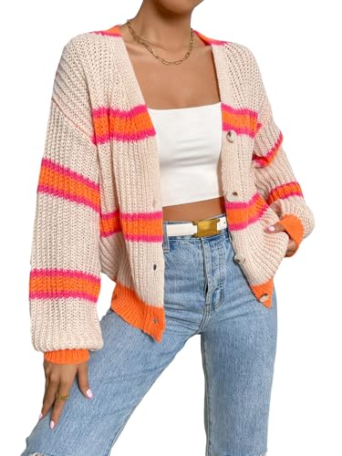 Image of WDIRARA Women's Color Block Striped Crochet Long Sleeve Cardigan Loose Open Front Button Knitted Sweaters
