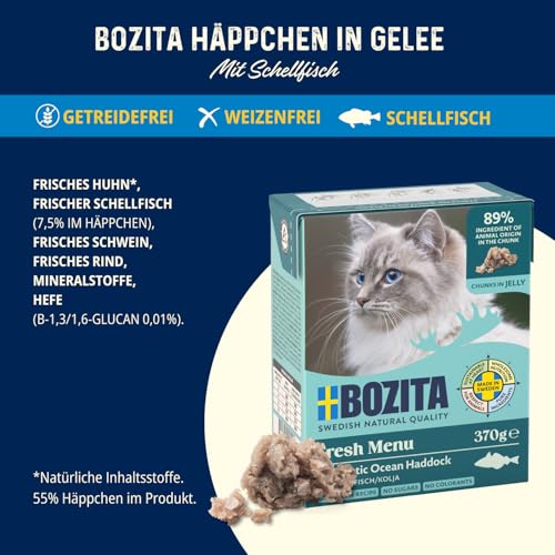 Bozita Tetra Nassfutter mit Schellfisch in Gelee – 6x370g getreidefreies Katzenfutter ohne Zuckerzusatz & ohne Gentechnik – ausgewogen, lecker mit 7,5% Protein & 5% Fettgehalt