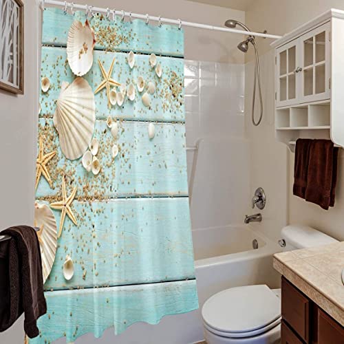 Broshan Small Shower Curtain Beach Stall Shower Curtain Ocean Seashell Decorative Shower Curtains Teal Blue Turquoise Fabric Bathroom Shower Curtains With Hooks, 60"× 72" #TOP2
