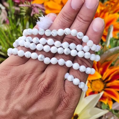 Image of Apnisanskriti Premium Howlite Stone Mala for Men and Women (6mm, AAA Quality, Lab Certified, 108+1) - Natural Stone Beads Mala - White & Black Veins Colour - Pack of 1