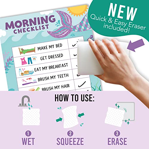 Image of Magnetic Morning & Bedtime Routine Chart for Kids - Customizable Toddler Daily Schedule Board with Dry Erase Surface, Stickers & Marker, Build Habits with Visual Checklists, Mermaid Theme