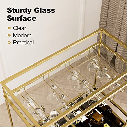 Ikifly 2-Tier Glass Bar Cart On Wheels - Metal Rolling Serving Cart With Glass Stemware Racks & Wine Bottle Holders - For Kitchen, Living Room, Dining Room - Gold / Square #TOP4