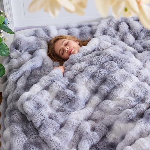 Lotus Karen Faux Fur Throw Blanket - Tie-Dye Gray, Big Bubble Rabbit Fluff, 50x60 Inches