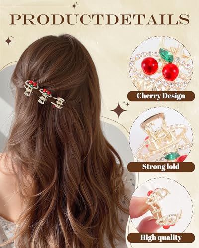 6PCS Rhinestones Cherry Small Hair Clips-Mini Claw Clips for Women, Metal Springs, Cute Hair Accessories for Updo and Half Up Styles (Oval Cherry) — view 2