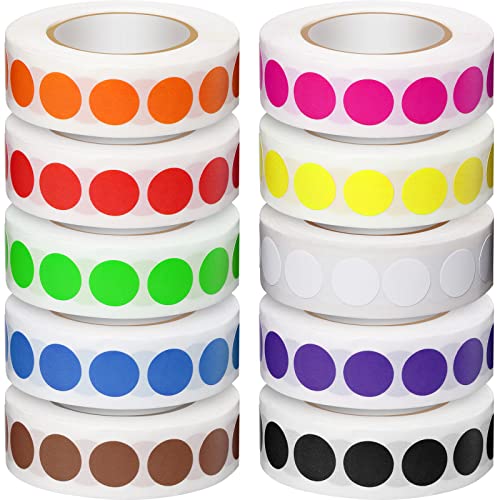 5000 Pieces 1/2 Inch Round Color Coding Labels Roll Assorted Colored Dot Stickers Adhesive Solid Colors Circle Stickers for Inventory Organize, File Classification, 10 Colors