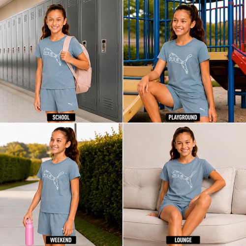 Image of PUMA Girls Athletic Shorts Set - 2 Piece Active Performance TShirt and Gym Bike Kids Shorts Girls Activewear Set (7-14)