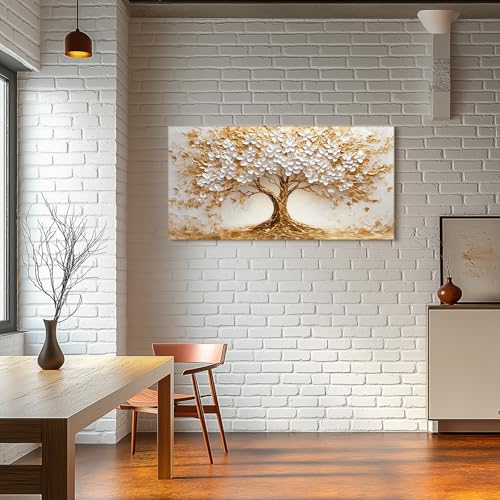SERIMINO Blossom Tree of Life Wall Art, White Gold Tree Large Wall Decor, Natural Landscape Abstract Art Paintings, Modern Home Wall Pictures for Living Room Bedroom Office Canvas Prints 24"X48"