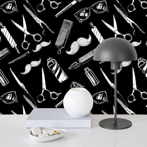 FUIENCFKE Peel and Stick Wallpaper Barber Tools Seamless Texture White Barber Tools Black Retro Wall Paper Self Adhesive Removable Wallpaper for Barber Shop Salon Decor 17.7"x118" Contact Paper Rolls