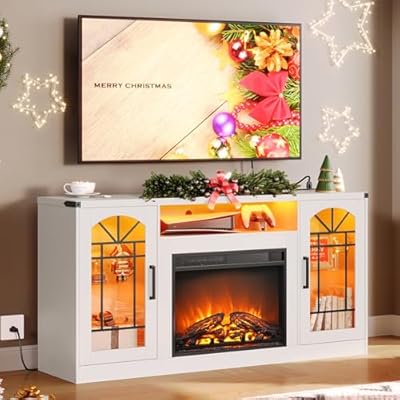 HOOBRO Fireplace TV Stand with Power Outlets and LED Light, Entertainment Center with 23'' Electric Fireplace for 45/50/55/60/65 inch TVs, TV Stand with Fireplace for Living Room, Glass Doors, White