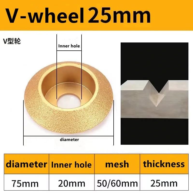 Grinding Wheels,Carving Disc, Dry Vacuum Brazed Diamond Grinding Wheel Demi-bullnose Edge Profile Disc(V Type 25mm)