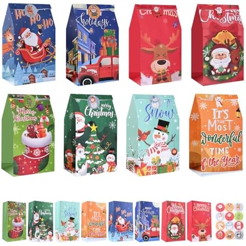 firstake Christmas Treat Bags - 32pcs Premium Christmas Treat Bags for Kids, Christmas Candy Bags, Christmas Paper Treat Bags, Small Christmas Gift Bags for Classrooms, Party Supplies, Holiday Goody Cover