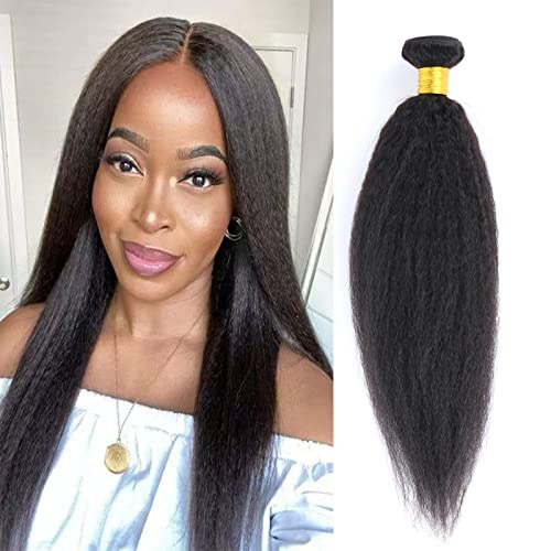 Kinky Straight Human Hair 1 Bundles Natural Black Yaki Straigh Brazilian Virgin Remy Hair Grade 10A 100% Unprocessed Kinky Straight Human Hair Extensions (16 Inch, Single Bundle)
