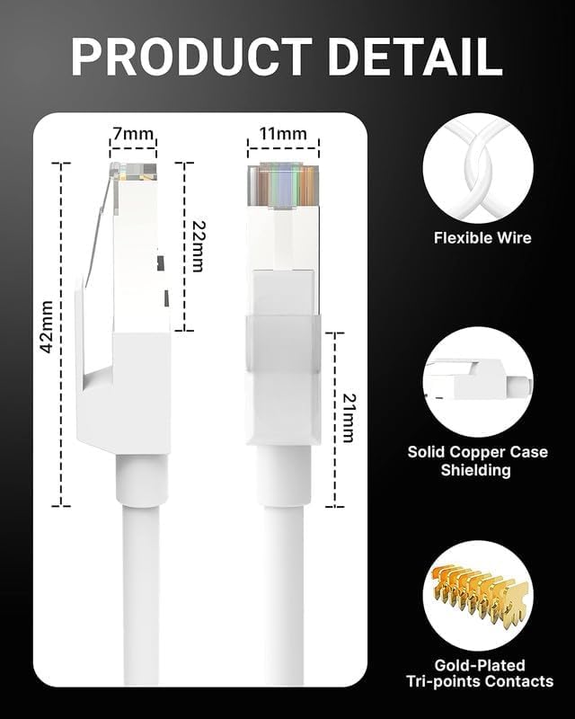 Image of Atevon Cat6 Ethernet Cable 5M - 10Gbps High-Speed Internet Patch Cord, 550MHz UTP LAN Cable with RJ45 Connectors for Gaming, Streaming, Router, Modem, Laptop, Smart TV - White - Pack of 1