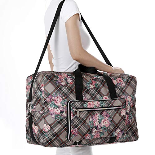 Image of 22 inch Foldable Large Travel Duffel Duffle Bag Sports Gym Tote Bag For Women Overnight Carryon Weekend Bag Shoulder Bag Water Resistant, plaid, Large, Travel Bag