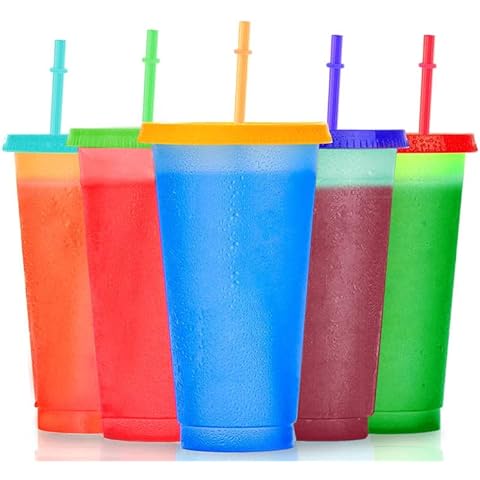JOESTAR 5 Pack Plastic Tumblers with Lids and Straws,24 oz Color Changing Cups Reusable Iced Coffee Cups Smoothie Bottles Sippy Cups Boba Cup for Party Picnic Cover