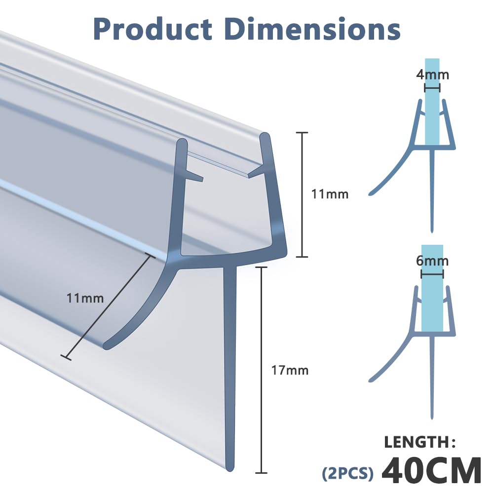 Flintronic Guarnizione Doccia Sottoporta 40cm, Perfetto per Porte in Vetro da 4-6mm, Guarnizione Box Doccia con Bordo in Gomma Extra Spesso, Prova di Perdite -per Tutti i Tipi di Doccia(2 Pezzi)