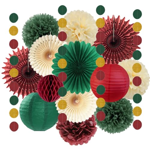 Weihnachtsdeko Rot Grün Seidenpapier Pompons Papierfächer...