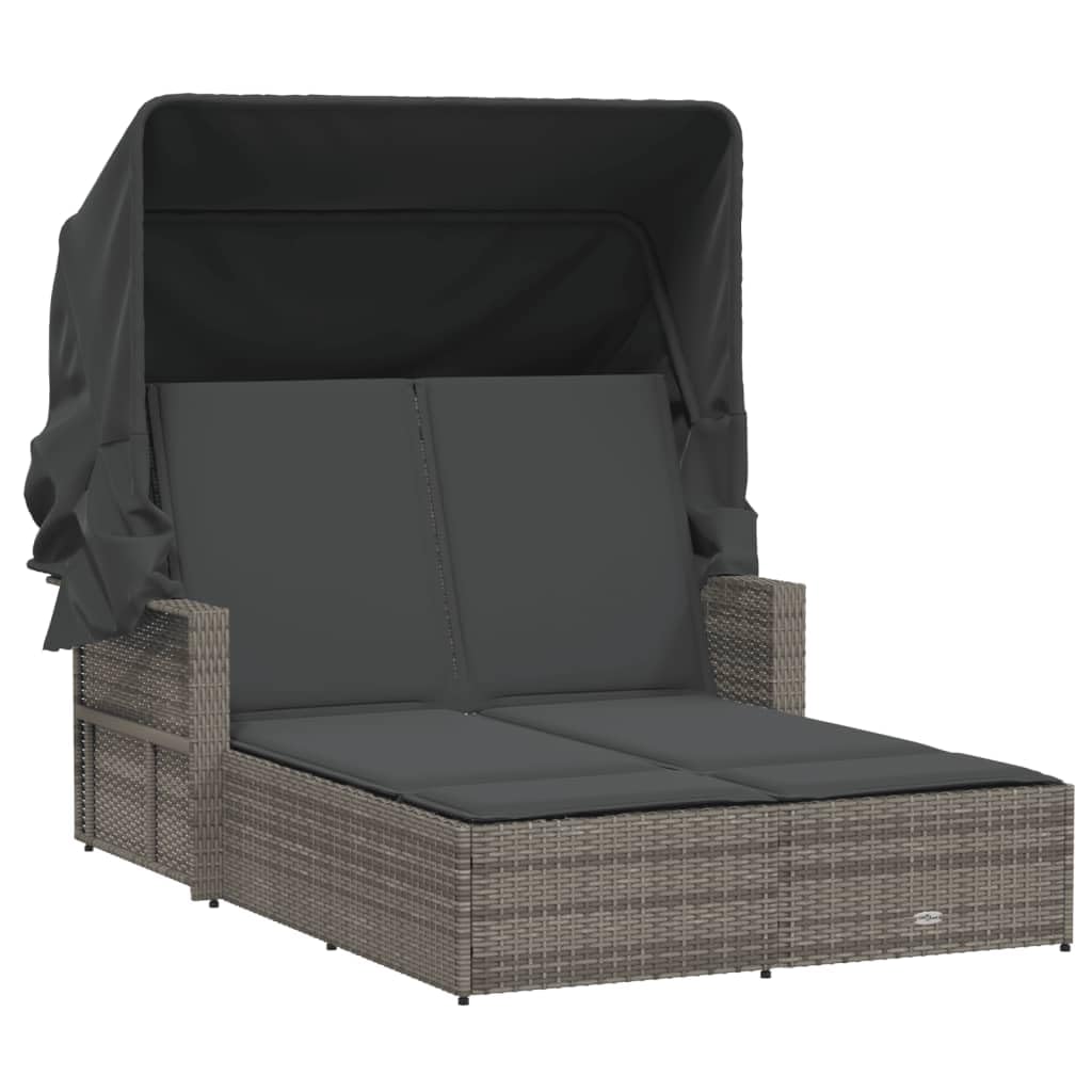 Toshilian - Tumbona de jardín, chaise longue doble y toldo y cojines de resina trenzada gris