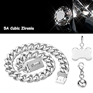 Silver Chain Dog Collar with Diamond Buckle Bell & Bone Tag 15mm Stainless Steel Chain Collars Cuban Link Dog Collar Designer Bling Puppy Necklace (15mm, 24″)