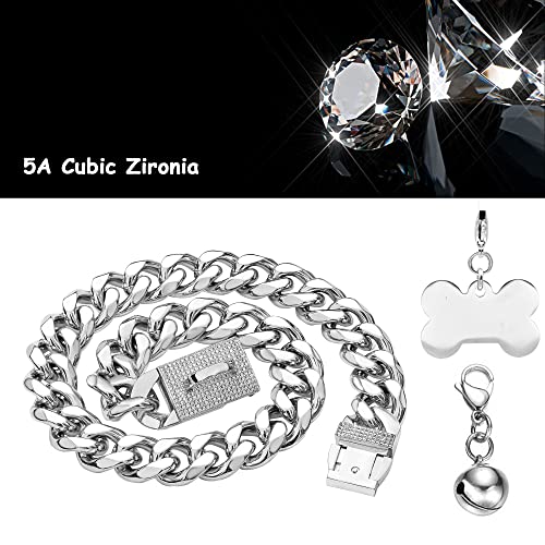 Silver Chain Dog Collar with Diamond Buckle Bell & Bone Tag 15mm Stainless Steel Chain Collars Cuban Link Dog Collar Designer Bling Puppy Necklace (15mm, 24″) Silver Chain Dog Collar with Diamond Buckle Bell & Bone Tag 15mm Stainless Steel Chain Collars Cuban Link Dog Collar Designer Bling Puppy Necklace (15mm, 24″)