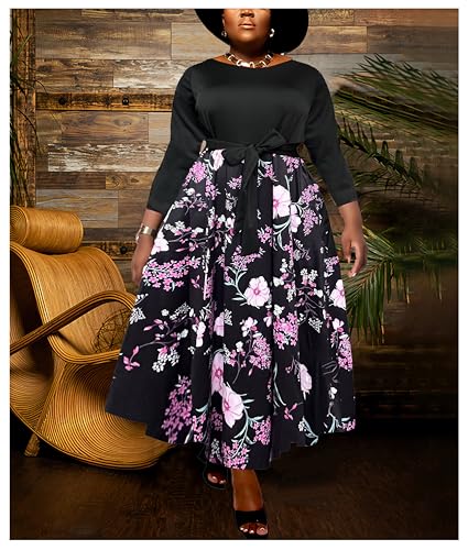 Image of Hostoyo Women Plus Size Formal A Line Maxi Dress Self Tie Waist with Pockets Elegant Round Neck Swing Long Dresses