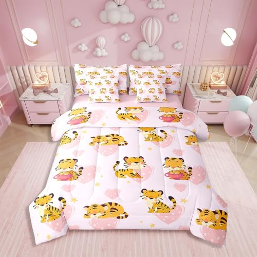 Erosebridal 7Pcs Cute Tiger Kids Bedding Set for Boys,Twin Size Comforter Set with Sheets and Pillowcase,7Pcs Bed in a Bag,Cute Animal Children Bed Set,Wild Animal Comforter