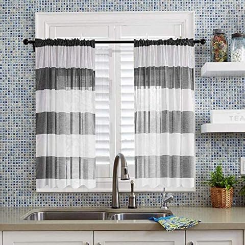 Ladity Sheer Curtains 24 inch Length Strip White Kitchen Tiers Window Curtains Panels Faux Linen Rod Pocket Sheer Voile Panels, Grey and White,Cafe Curtains 30 x 24 inches Long Set of 2 Cover
