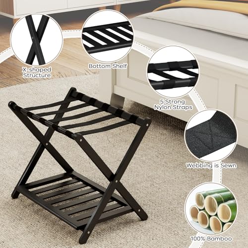 2 Pack Fully Assembled Black Luggage Racks, Bamboo 26.77" Folding Suitcase Stand for Guest Room with 5 Nylon Straps, Heavy Duty, Upgraded Luggage Rack Holder with Shelf for Bedroom Hotel