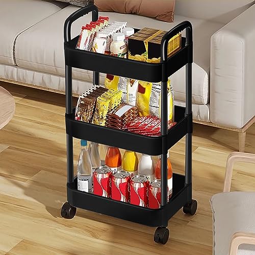 EZ COZY 3 Tier Rolling Cart, Plastic Rolling Utility Cart with Wheels, Roller Cart with Handle and Lockable Wheels for Kitchen, Bathroom, Living Room and Office, Black