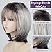 RENERSHOW Medium Length Bob Wig with Bangs for White Women Layered Blonde Balayage Bob Straight Hair Wig Natural Synthetic Hair Replacement Wig Ombre Platinum with Brown Wig