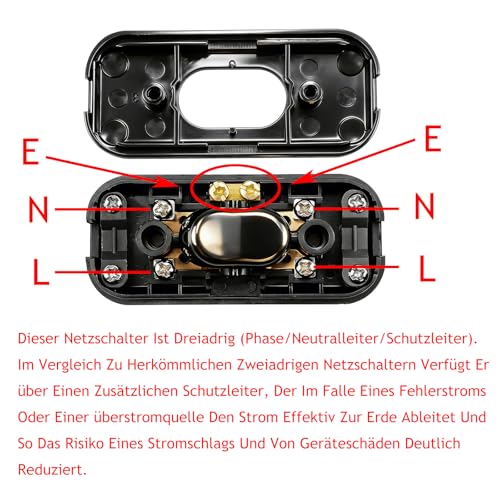 Powice Zwischenschalter mit Erdungsschutz, 250V 6A Schnurschalter für 2- und 3-adrige Netzkabel, Kabelschalter für Kleingeräte & Leuchten, Kippschalter mit Erdung, Gold