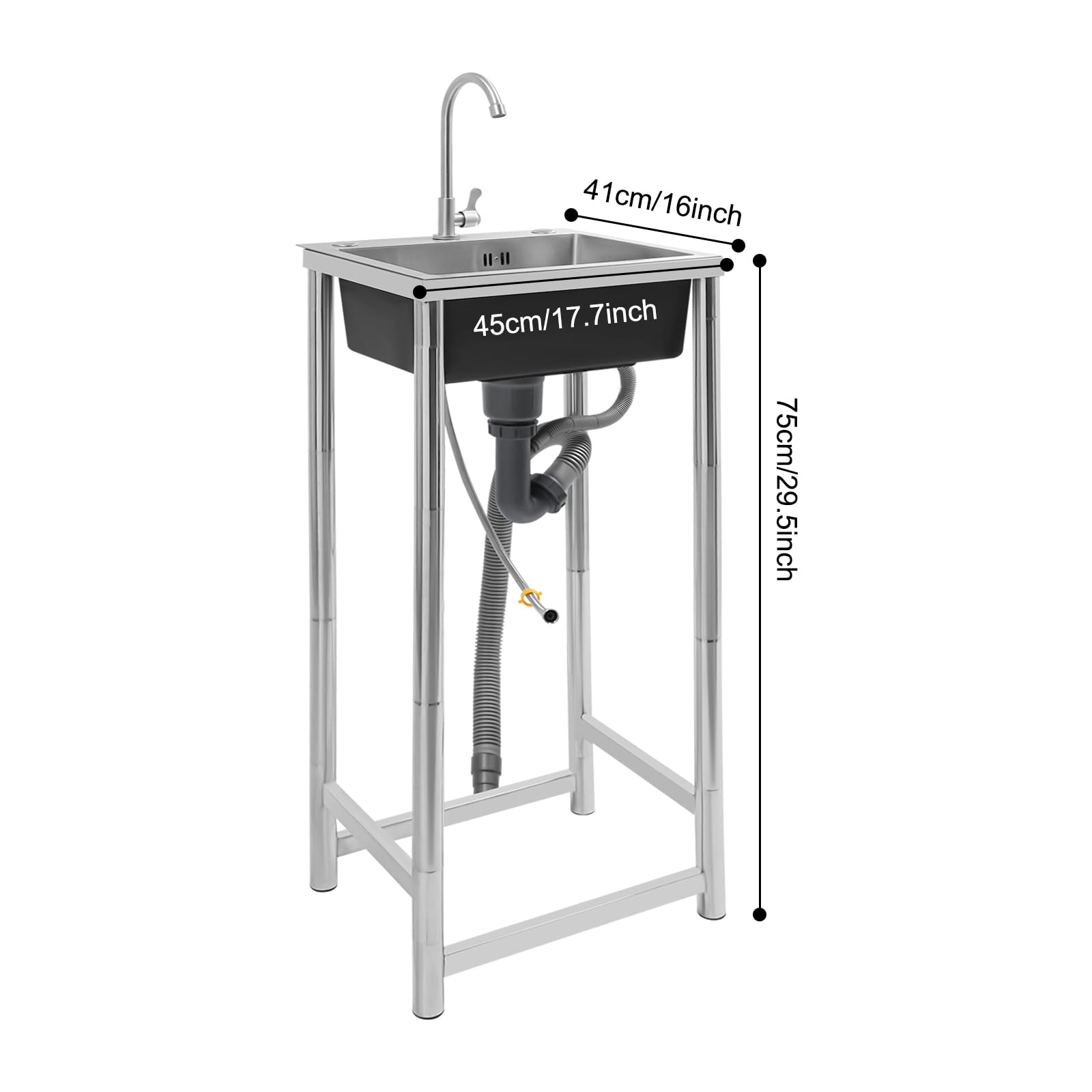 Lavabo indipendente in acciaio inox 45 x 41 x 75 cm freestanding lavello esterno con rubinetto per esterni, interni, cucina, ristorante