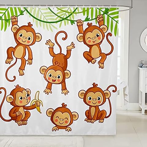Feelyou Niedliche Affen Duschvorhänge für Kinder, Jungen und Mädchen, Cartoon-Affe, Bananen-Dekoration, Cartoon-Stoff, Badezimmer-Duschvorhang mit 12 Haken, 183 x 183 cm Cover