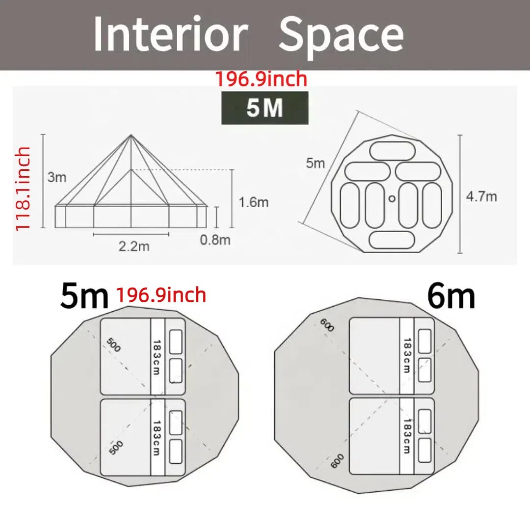 Tenda Oxford di diametro di cinque metri, grande capacità, campeggio, gite in famiglia, per attività all'aria aperta, per il tempo libero, impermeabile, con 2 aperture di ventilazione, confortevole