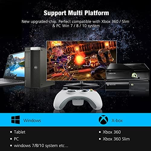YCCTEAM Xbox 360 Wireless Controller, 2.4GHz Enhanced Dual Vibration Xbox 360 Game Controller with Receiver Remote Gamepad for Xbox 360, PS3 and PC Windows 7/8/10 -No Audio Jack(White)