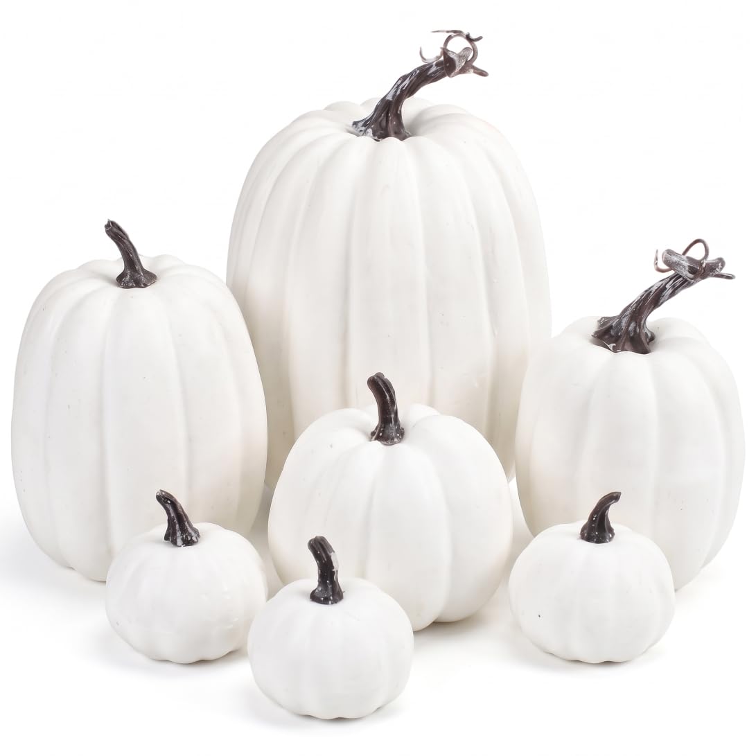 Sjfbebsy 7-piece Foam Pumpkins, Pumpkin Decor Kit, Autumn Halloween Thanksgiving Outdoor & Indoor Decor, White