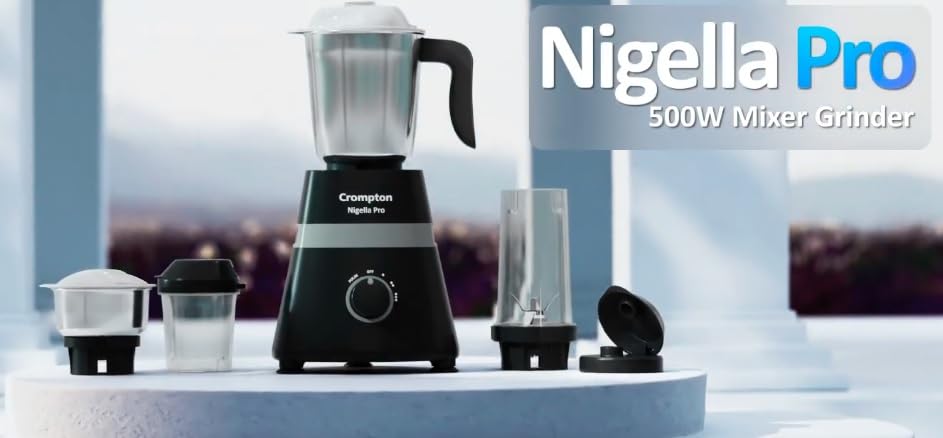 Image of Crompton Nigella Pro 500W Mixer Grinder | 4 Jars (1.2L, 500ml, 400ml, 350ml) | 30 Min Continuous Grinding | Motor Vent-X Technology | Anti-Skid Base | Black | Life Active Series