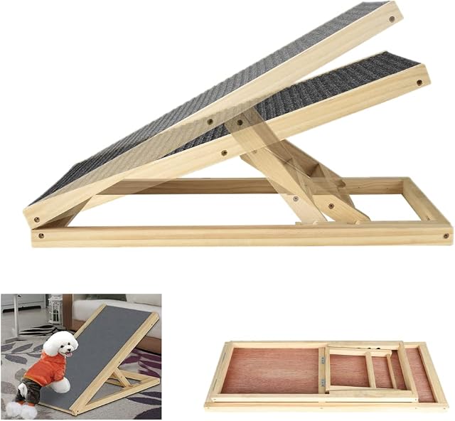 Ramps Dogs Wooden Pet Ramp Car Dog Ladder with Non-slip Carpet Safety Pets Ladder Indoor Dog Ramp -2 Height Adjustable